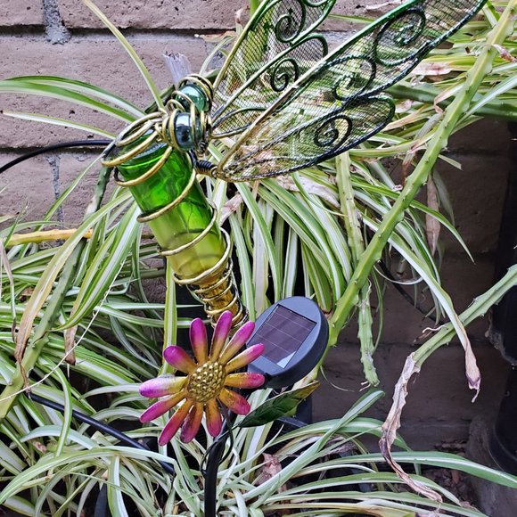 Glass Bottle, Metal Butterfly Solar LED Garden Stake, Yard Art - Picture 2 of 3